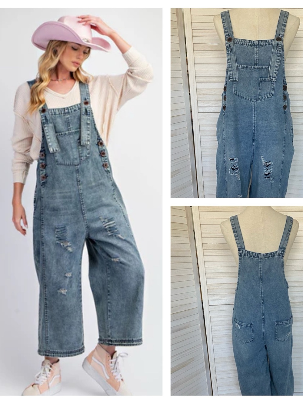 easel Blue Washed Distressed Wide-Leg Denim Overalls SZ M Comfy.Casual